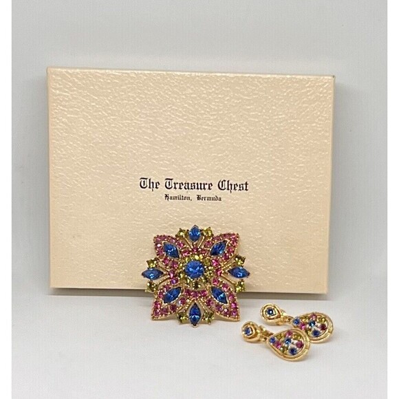 Brooch & Earrings Set Vtg Colorful Art Deco Floral Rhinestone Blue Pink Yellow - Picture 1 of 10